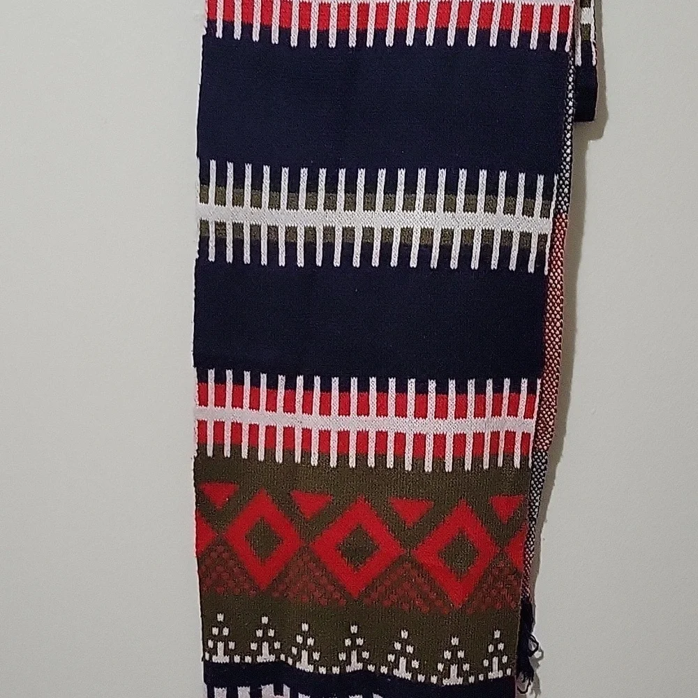 ​J. Crew Fair Isle Scarf Navy Blue Red Geometric Knit Winter Wool Blend Nordic